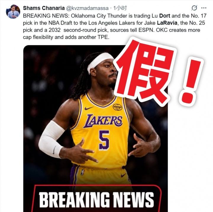 湖人拉拉维亚换多特?假Shams账号编造AI图片造谣 湖人拉拉维亚换多特?假Shams账号编造AI图片造谣