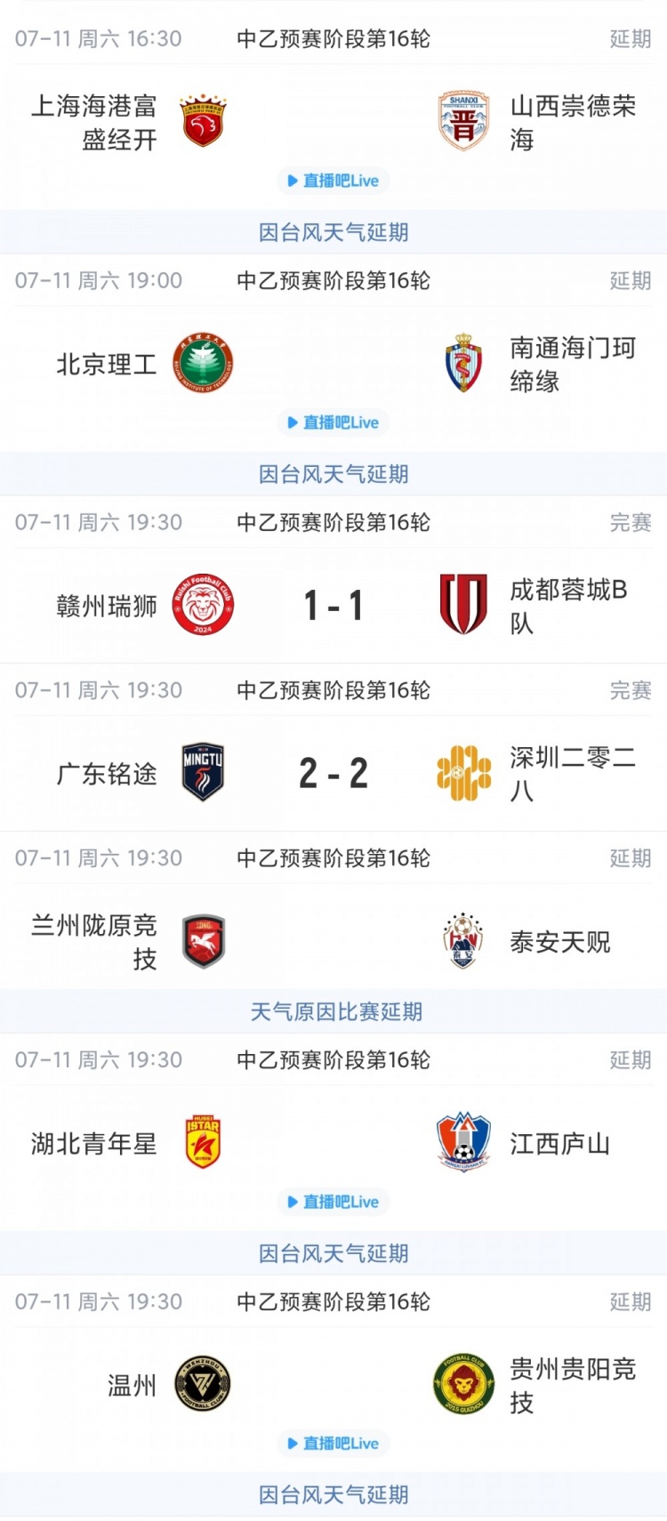 中乙第16轮:台风搅局五场延期,深圳战平错失榜首 中乙第16轮:台风搅局五场延期,深圳战平错失榜首