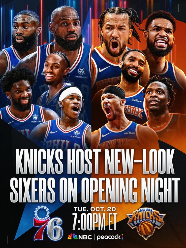 NBA官方发布揭幕战海报 76人新五虎对阵尼克斯冠军首发 NBA官方发布揭幕战海报 76人新五虎对阵尼克斯冠军首发
